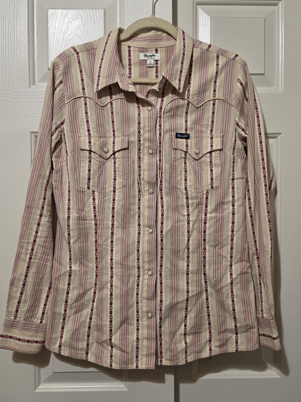 Wrangler Retro Western Cowboy Rodeo Pearl Snap Stripe Geometric Shirt Women Sz M